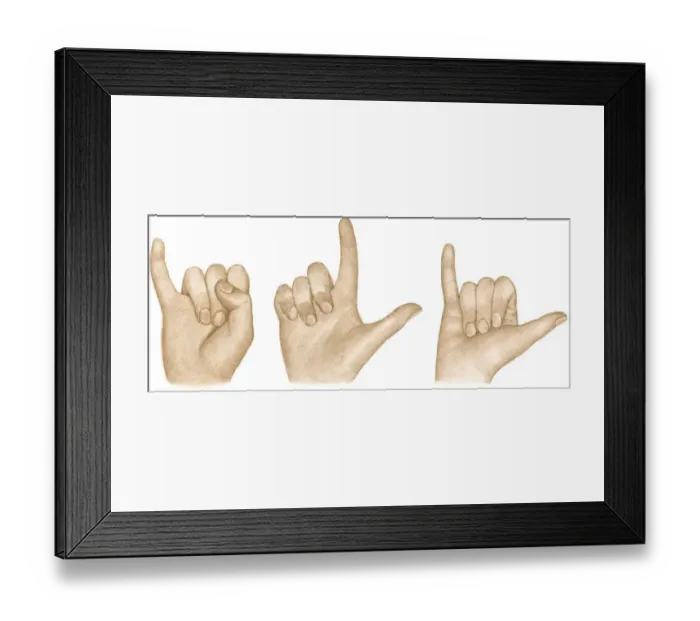 Framed Print : Illustration of sign language using fingers and thumbs to sign I love you