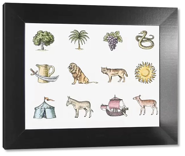 Illustration of the twelve symbols of the tribes of Israel, The sun, pitcher with sword, lion, ship, donkey, snake, round tent, tree, fawn, bunch of black grapes, palm tree, and wolf