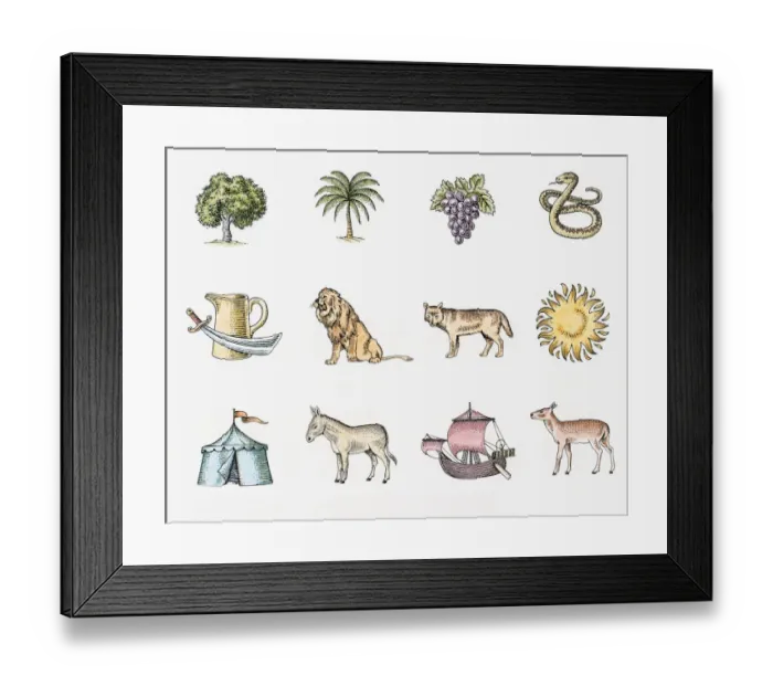Framed Print : Illustration of the twelve symbols of the tribes of Israel, The sun, pitcher with sword, lion, ship, donkey, snake, round tent, tree, fawn, bunch of black grapes, palm tree, and wolf