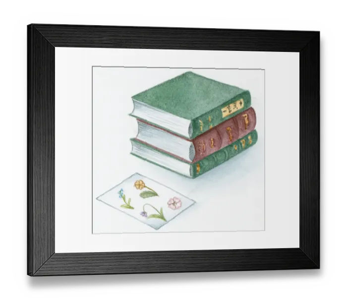 Framed Print : Illustration of pressed flowers on white paper and stack of heavy hardback books Framed Print : Illustration of pressed flowers on white paper and stack of heavy hardback books