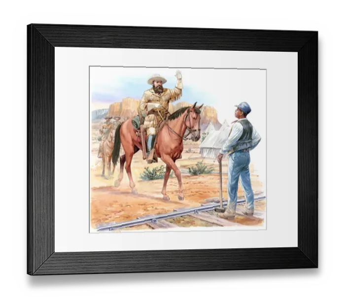 Framed Print : Illustration of paleontologist Othniel Marsh, on horseback, greeting Matthew Randall standing in front of him on railway track Framed Print : Illustration of paleontologist Othniel Marsh, on horseback, greeting Matthew Randall standing in front of him on railway track