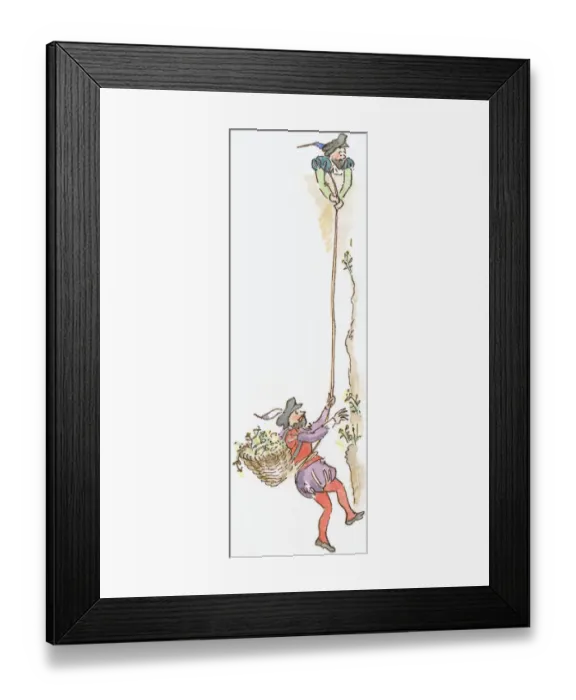 Framed Print : Cartoon of man wearing 16th century costume carrying basket of wildflowers on back and holding rope as he climbs cliff to pick Rock Samphire Framed Print : Cartoon of man wearing 16th century costume carrying basket of wildflowers on back and holding rope as he climbs cliff to pick Rock Samphire