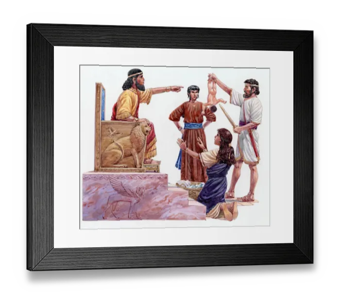 Framed Print : Illustration of wise King Solomon sitting on throne pointing at naked baby held upside down by man holding sword during argument between two prostitutes Framed Print : Illustration of wise King Solomon sitting on throne pointing at naked baby held upside down by man holding sword during argument between two prostitutes