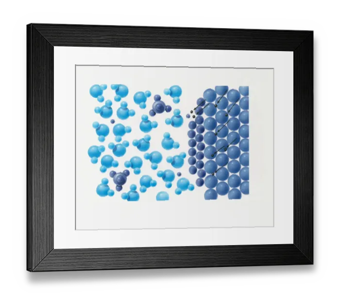 Framed Print : Illustration of copper ion reduced to copper atoms by electrons on battery, on surface of brass key cathode Framed Print : Illustration of copper ion reduced to copper atoms by electrons on battery, on surface of brass key cathode