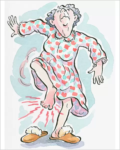 Cartoon of senior woman in nightdress and slippers standing on one leg in pain from paraesthesia, or pins and needles, in raised foot