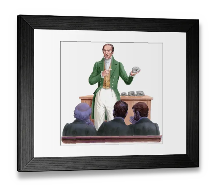 Framed Print : Illustration of 19th century paleontologist Gideon Mantell standing in front of audience, holding and pointing at fossil of Iguanodon tooth Framed Print : Illustration of 19th century paleontologist Gideon Mantell standing in front of audience, holding and pointing at fossil of Iguanodon tooth