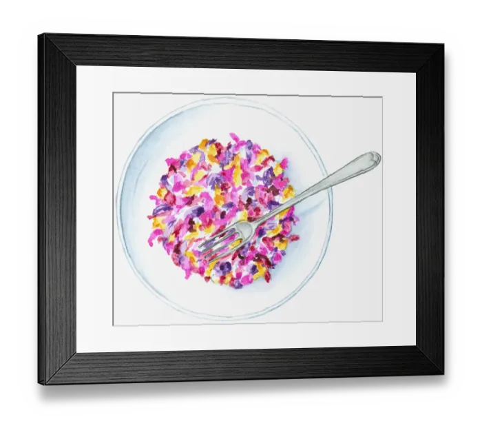 Framed Print : Illustration of colourful mashed petals in white bowl with fork on top Framed Print : Illustration of colourful mashed petals in white bowl with fork on top