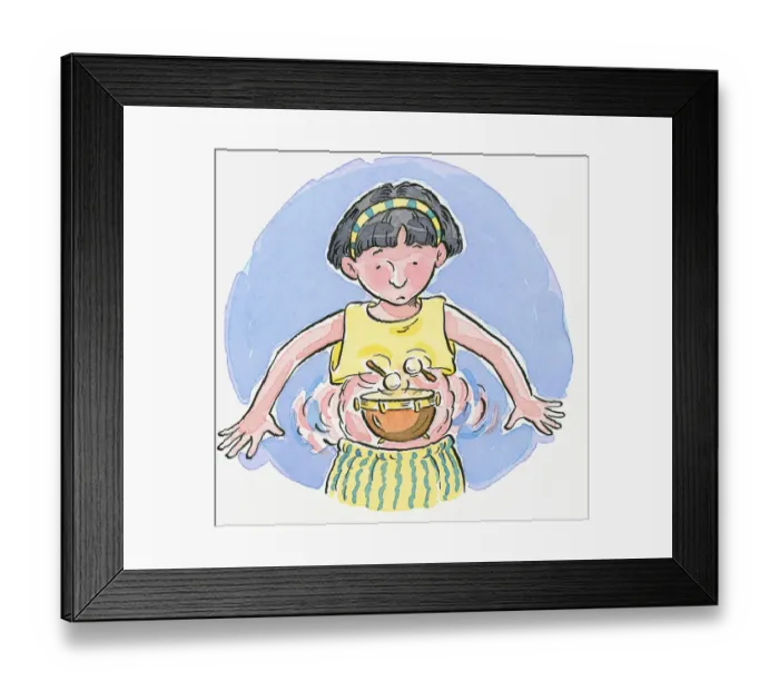 Framed Print : Cartoon of girl looking down at drumsticks hitting timpani in belly representing borborygmus or rumbling stomach Framed Print : Cartoon of girl looking down at drumsticks hitting timpani in belly representing borborygmus or rumbling stomach