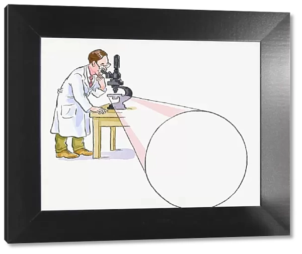 Cartoon of doctor looking through microscope, and large beam of light