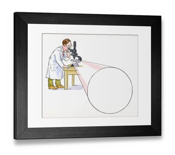 Framed Print : Cartoon of doctor looking through microscope, and large beam of light Framed Print : Cartoon of doctor looking through microscope, and large beam of light