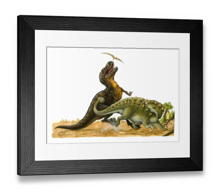 Framed Print : Illustration of Pterosaur flying above Tyrannosaurus Rex as it looks up with open mouth as Euoplocephalus hits body of the larger dinosaur with tail Framed Print : Illustration of Pterosaur flying above Tyrannosaurus Rex as it looks up with open mouth as Euoplocephalus hits body of the larger dinosaur with tail
