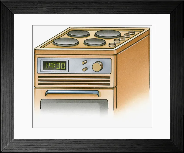 Framed Print : Illustration of electric range cooker with ceramic plate hobs, knobs, and digital clock Framed Print : Illustration of electric range cooker with ceramic plate hobs, knobs, and digital clock