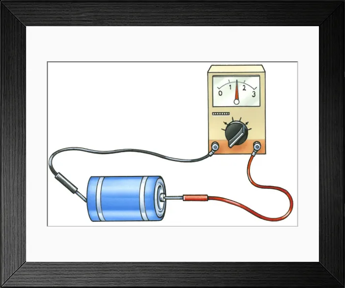 Framed Print : Illustration of voltmeter attached to battery, showing electromotive force on dial Framed Print : Illustration of voltmeter attached to battery, showing electromotive force on dial