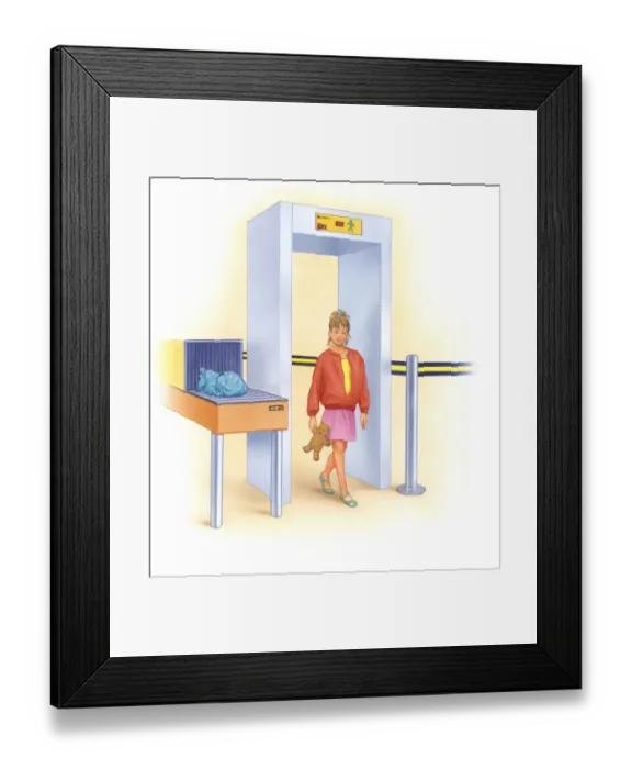 Framed Print : Illustration of girl walking through metal detector holding teddy bear Framed Print : Illustration of girl walking through metal detector holding teddy bear