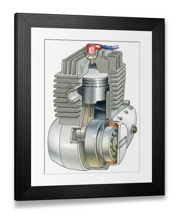 Framed Print : Illustration of internal combustion engine with cross section showing piston and crank Framed Print : Illustration of internal combustion engine with cross section showing piston and crank