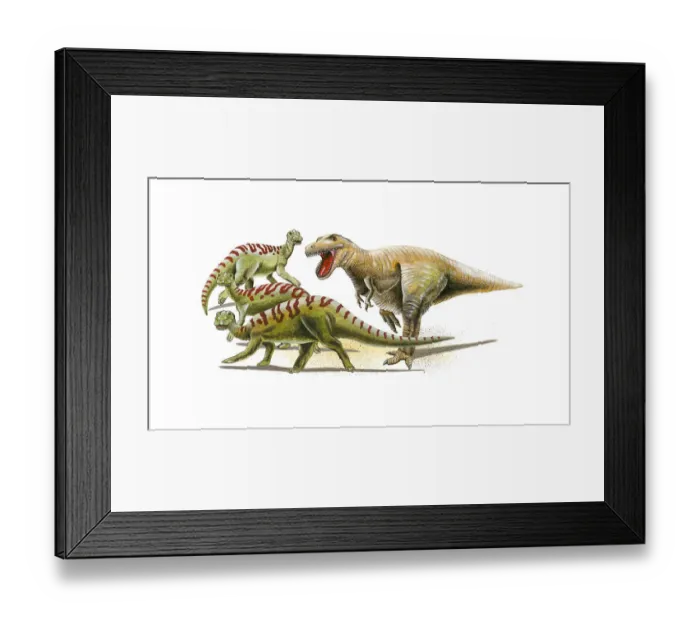 Framed Print : Illustration of a Tyrannosaurus Rex in pursuit of herd of Iguanodon dinosaurs Framed Print : Illustration of a Tyrannosaurus Rex in pursuit of herd of Iguanodon dinosaurs