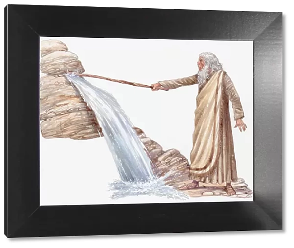 Illustration Moses striking rock with rod as water flows