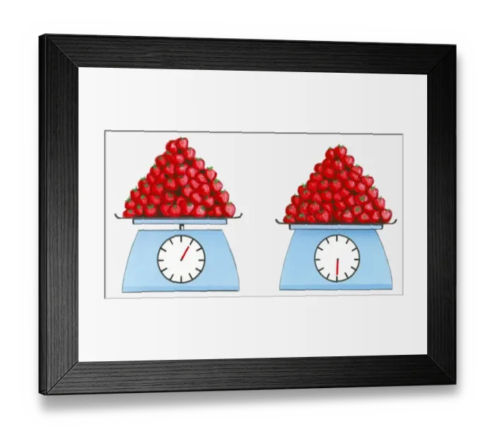 Framed Print : Illustration of same amount of strawberries on scales showing contrasting weights Framed Print : Illustration of same amount of strawberries on scales showing contrasting weights