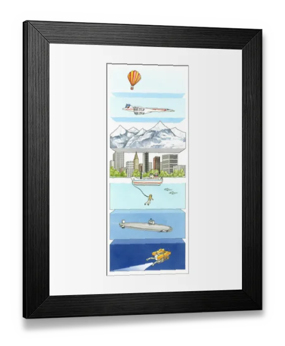 Framed Print : Illustration of air pressure on hot air balloon, supersonic aeroplane, mountain, city of skycrapers, and water pressure on deep-sea diver, submarine and deep sea research submersible