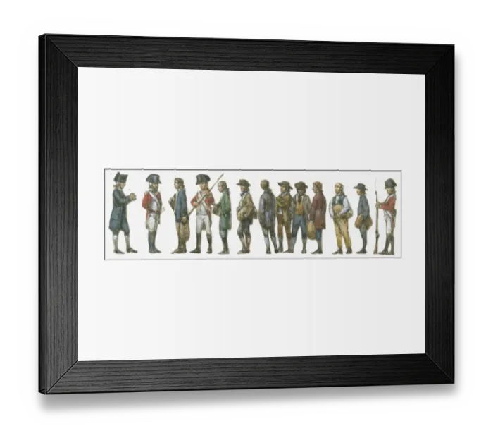 Framed Print : Illustration of convicts standing in disembarking line at Sydney Cove guarded by British army Redcoats Framed Print : Illustration of convicts standing in disembarking line at Sydney Cove guarded by British army Redcoats