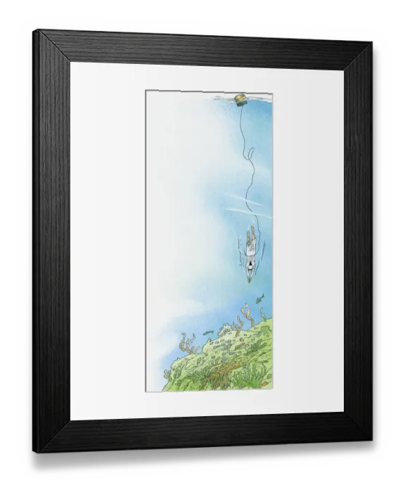 Framed Print : Illustration of Japanese Ama holding breath as she swims toward seabed to forage for pearl oysters with rope tied around waist attached to wooden barrel on surface of water Framed Print : Illustration of Japanese Ama holding breath as she swims toward seabed to forage for pearl oysters with rope tied around waist attached to wooden barrel on surface of water