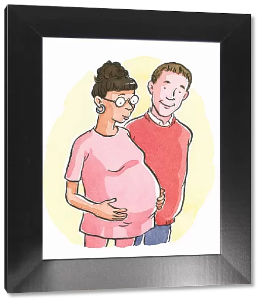 Cartoon of pregnant woman with hands on stomach, and husband, anticipating birth