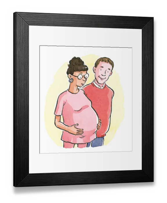 Framed Print : Cartoon of pregnant woman with hands on stomach, and husband, anticipating birth Framed Print : Cartoon of pregnant woman with hands on stomach, and husband, anticipating birth