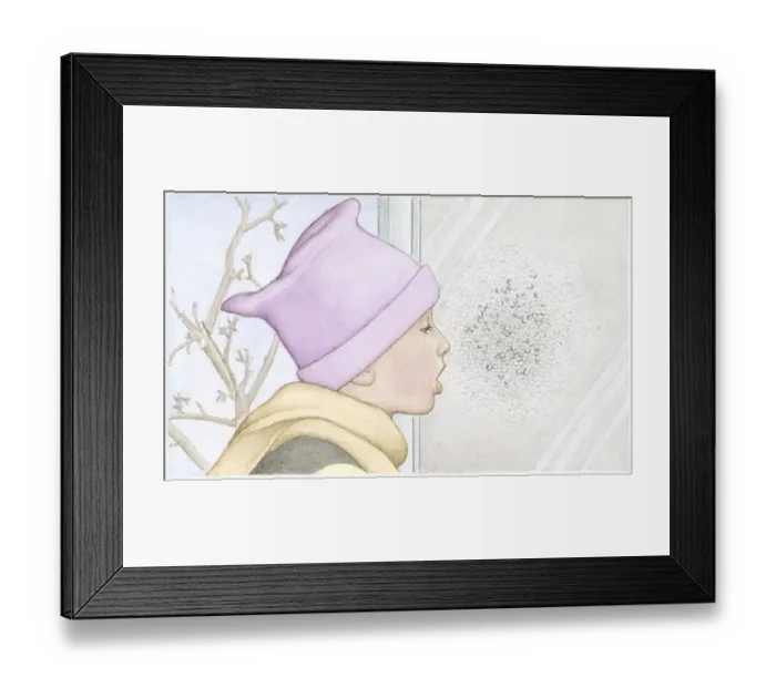 Framed Print : Illustration of child exhaling hot breath on cold window causing condensation Framed Print : Illustration of child exhaling hot breath on cold window causing condensation