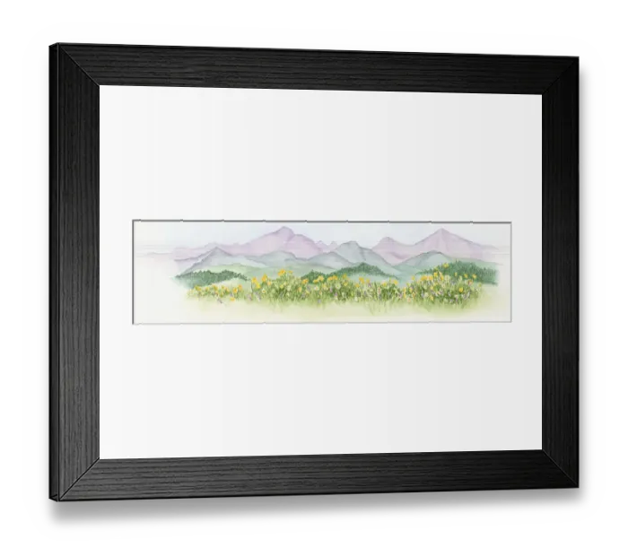 Framed Print : Illustration of abundance of wildflowers growing on lush North American prairie with mountains in background Framed Print : Illustration of abundance of wildflowers growing on lush North American prairie with mountains in background