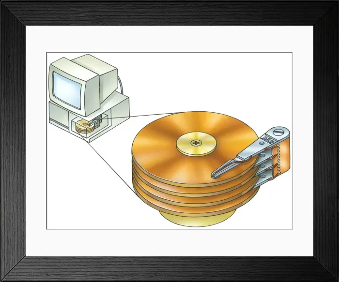 Framed Print : Illustration of PC desktop computer and hard disc drive with cross section showing hard disc in base unit Framed Print : Illustration of PC desktop computer and hard disc drive with cross section showing hard disc in base unit