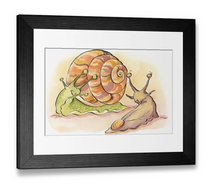 Framed Print : Cartoon of Garden Snail (helix aspera) with green body and multi coloured shell and brown Garden Slug (Arion hortensis), with eyes on top of long tentacles Framed Print : Cartoon of Garden Snail (helix aspera) with green body and multi coloured shell and brown Garden Slug (Arion hortensis), with eyes on top of long tentacles