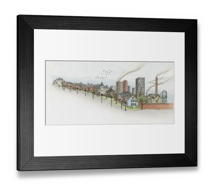 Framed Print : Illustration of two flocks of birds flying over industrial town Framed Print : Illustration of two flocks of birds flying over industrial town