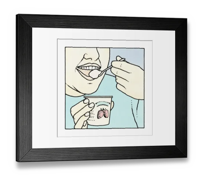 Framed Print : Illustration of hand holding spoon of yogurt close to mouth Framed Print : Illustration of hand holding spoon of yogurt close to mouth