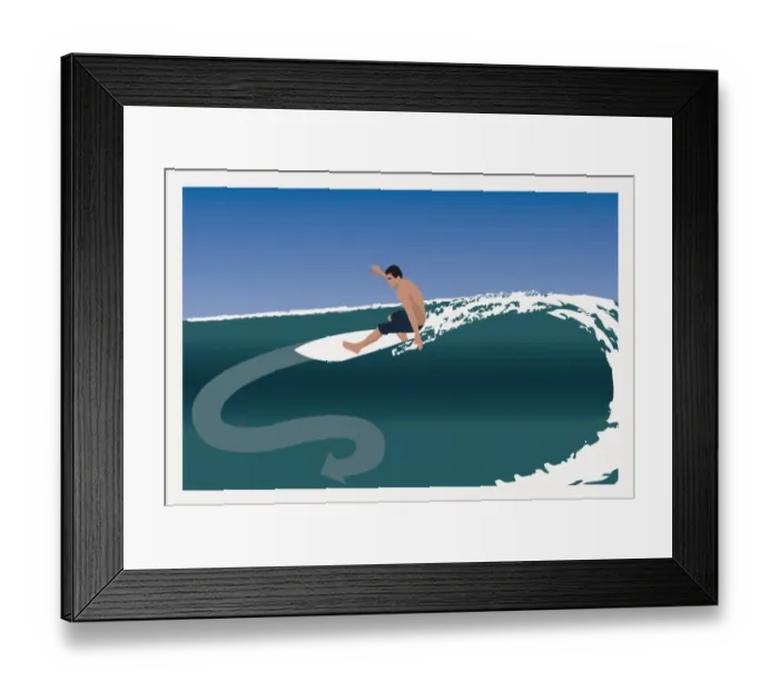 Framed Print : Digitally generated illustration of young man on surf board showing cutback maneuver on wave Framed Print : Digitally generated illustration of young man on surf board showing cutback maneuver on wave