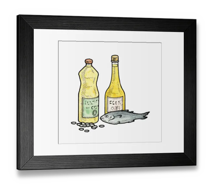 Framed Print : Illustration of polyunsaturated fat sources in bottles of oil, oily fish, and sunflower seeds Framed Print : Illustration of polyunsaturated fat sources in bottles of oil, oily fish, and sunflower seeds