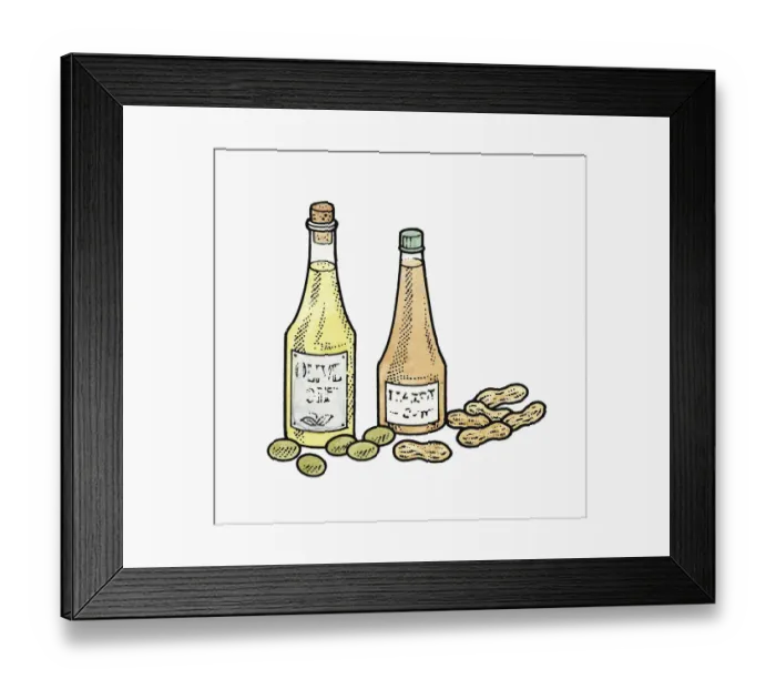 Framed Print : Illustration of bottles of olive oil, peanut oil, and green olives and peanuts Framed Print : Illustration of bottles of olive oil, peanut oil, and green olives and peanuts