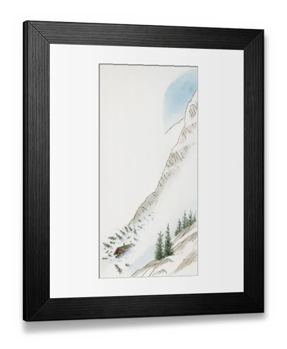 Framed Print : Illustration of chalet sliding down snow-covered mountain during avalanche Framed Print : Illustration of chalet sliding down snow-covered mountain during avalanche