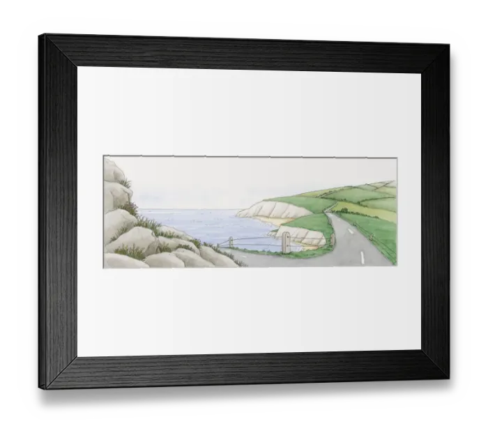 Framed Print : Illustration of coastal road above white cliffs Framed Print : Illustration of coastal road above white cliffs