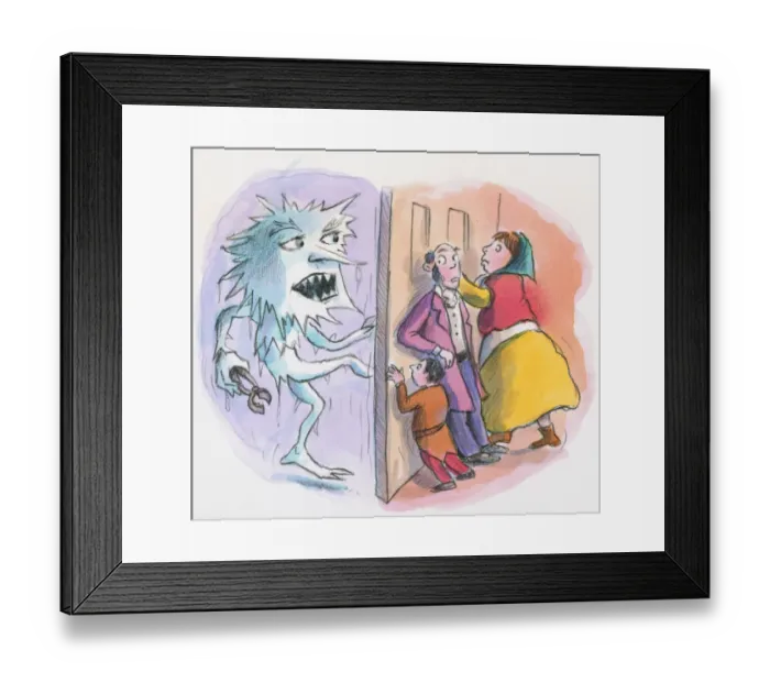 Framed Print : Cartoon of Jack Frost kicking door as family behind push to keep it closed Framed Print : Cartoon of Jack Frost kicking door as family behind push to keep it closed