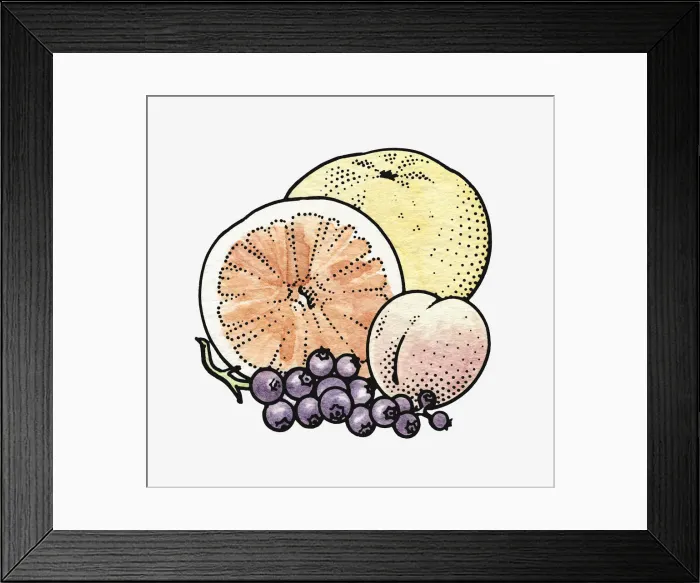 Framed Print : Illustration of fresh orange, apple, peach and grapes Framed Print : Illustration of fresh orange, apple, peach and grapes