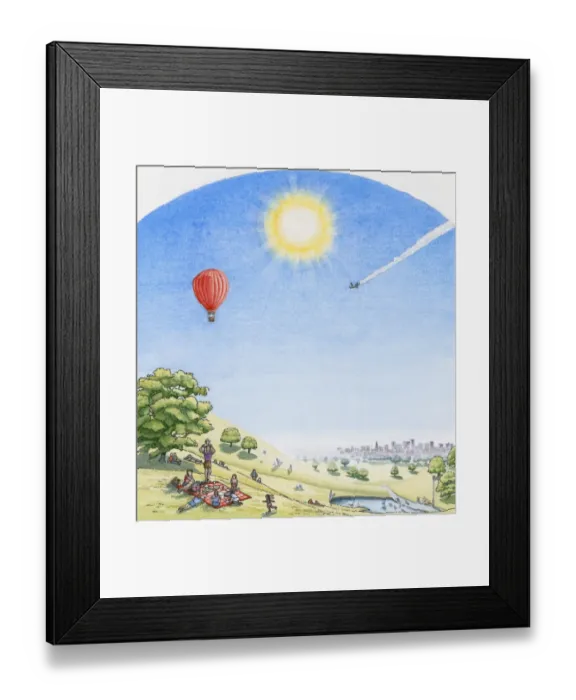 Framed Print : Illustration of family having picnic on lush hillside overlooking cityscape, with bright sunshine, hot air balloon and commercial aircraft above Framed Print : Illustration of family having picnic on lush hillside overlooking cityscape, with bright sunshine, hot air balloon and commercial aircraft above