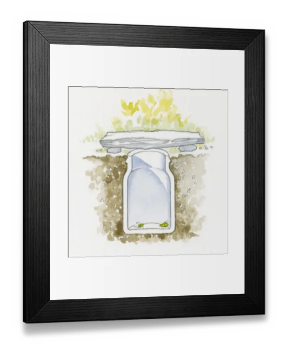 Framed Print : Illustration of two green insects in bug catcher jar buried below soil Framed Print : Illustration of two green insects in bug catcher jar buried below soil