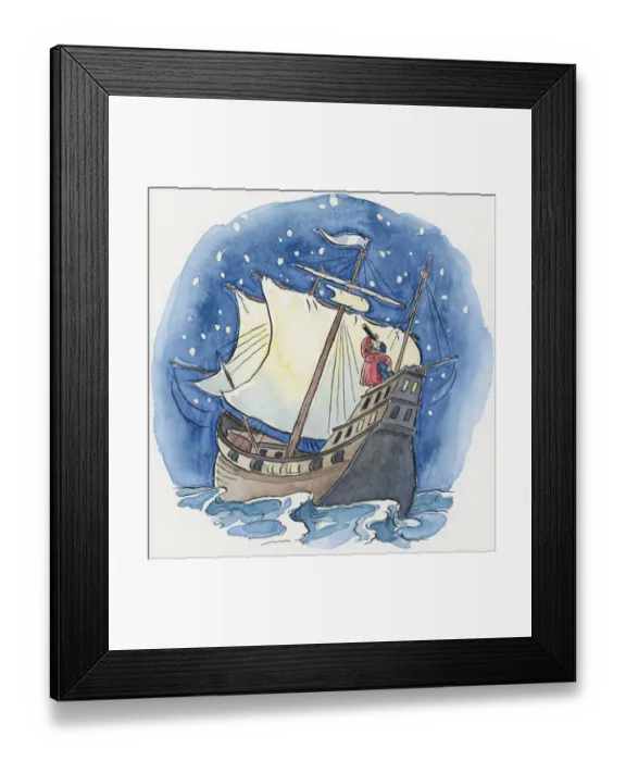 Framed Print : Illustration of explorer Ferdinand Magellan looking through telescope to steer galleon in right direction using position of stars in night sky Framed Print : Illustration of explorer Ferdinand Magellan looking through telescope to steer galleon in right direction using position of stars in night sky