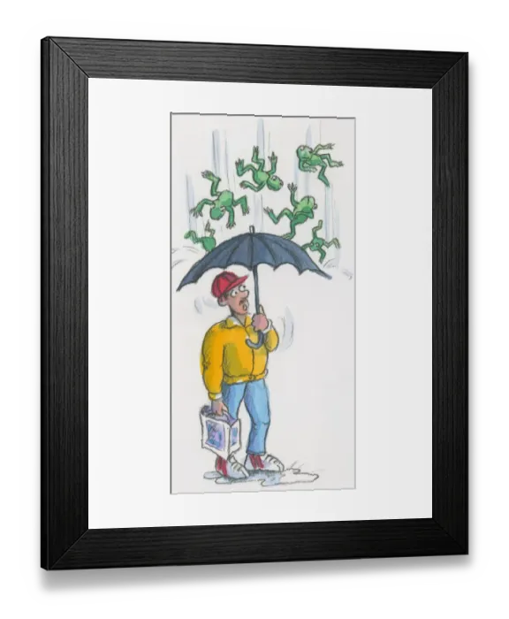 Framed Print : Cartoon representing raining frogs as man stands in puddle below umbrella looking up in disbelief Framed Print : Cartoon representing raining frogs as man stands in puddle below umbrella looking up in disbelief