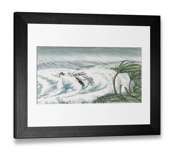 Framed Print : Illustration of large waves covering shipwreck off coastline during hurrucane, and palm trees bending in wind Framed Print : Illustration of large waves covering shipwreck off coastline during hurrucane, and palm trees bending in wind
