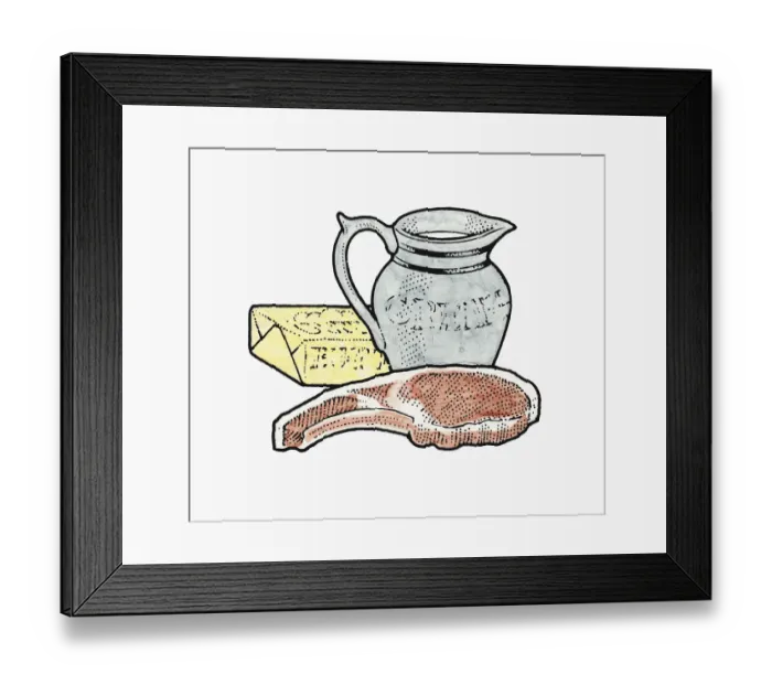 Framed Print : Illustration of jug of fresh cream, raw pork chop and packet of butter Framed Print : Illustration of jug of fresh cream, raw pork chop and packet of butter