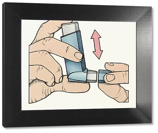 Illustration of hand holding asthma inhaler