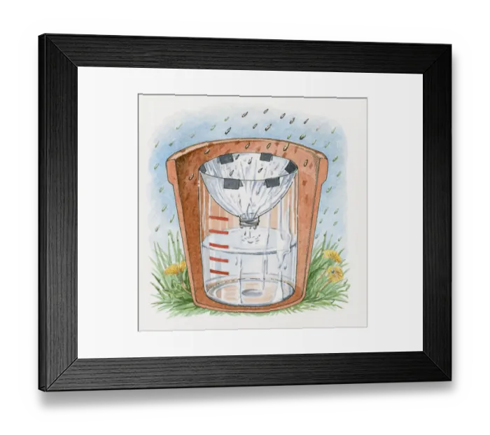 Framed Print : Illustration of rain gauge measuring rainfall levels Framed Print : Illustration of rain gauge measuring rainfall levels