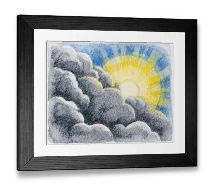 Framed Print : Illustration of sun shining behind grey clouds Framed Print : Illustration of sun shining behind grey clouds
