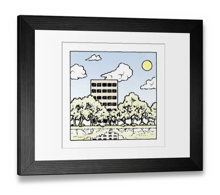 Framed Print : Illustration of block of flats and trees reflected in water below Framed Print : Illustration of block of flats and trees reflected in water below